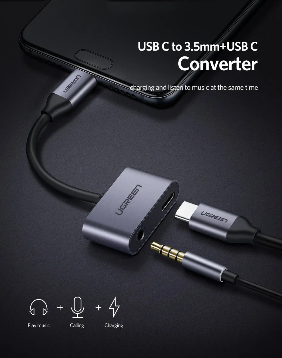 Black 2-in-1 Type C to 3.5mm headphone adapter for Huawei and Xiaomi smartphones
