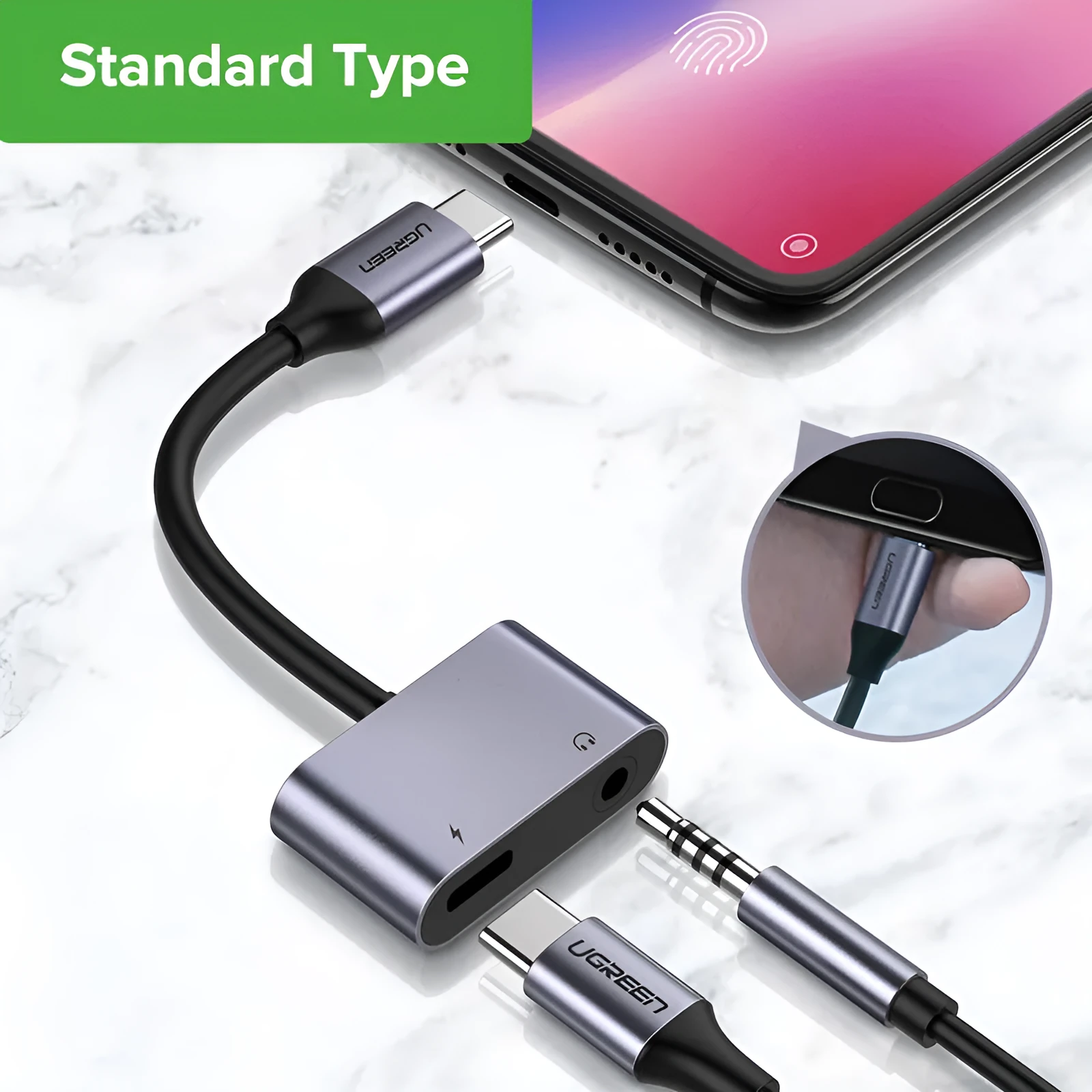 Black 2-in-1 Type C to 3.5mm headphone adapter for Huawei and Xiaomi smartphones