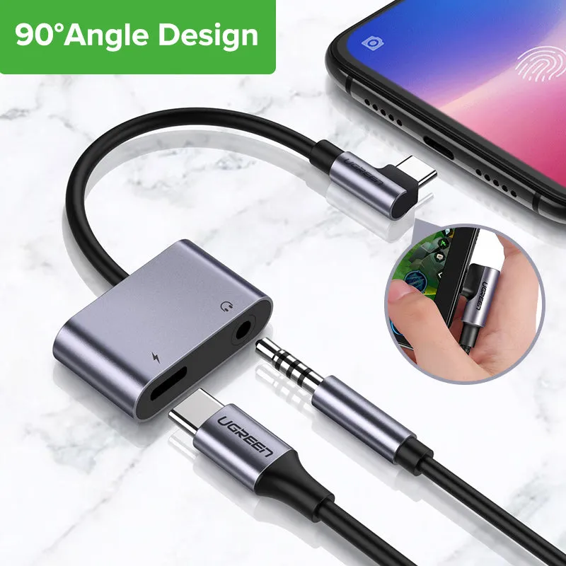 Black 2-in-1 Type C to 3.5mm headphone adapter for Huawei and Xiaomi smartphones