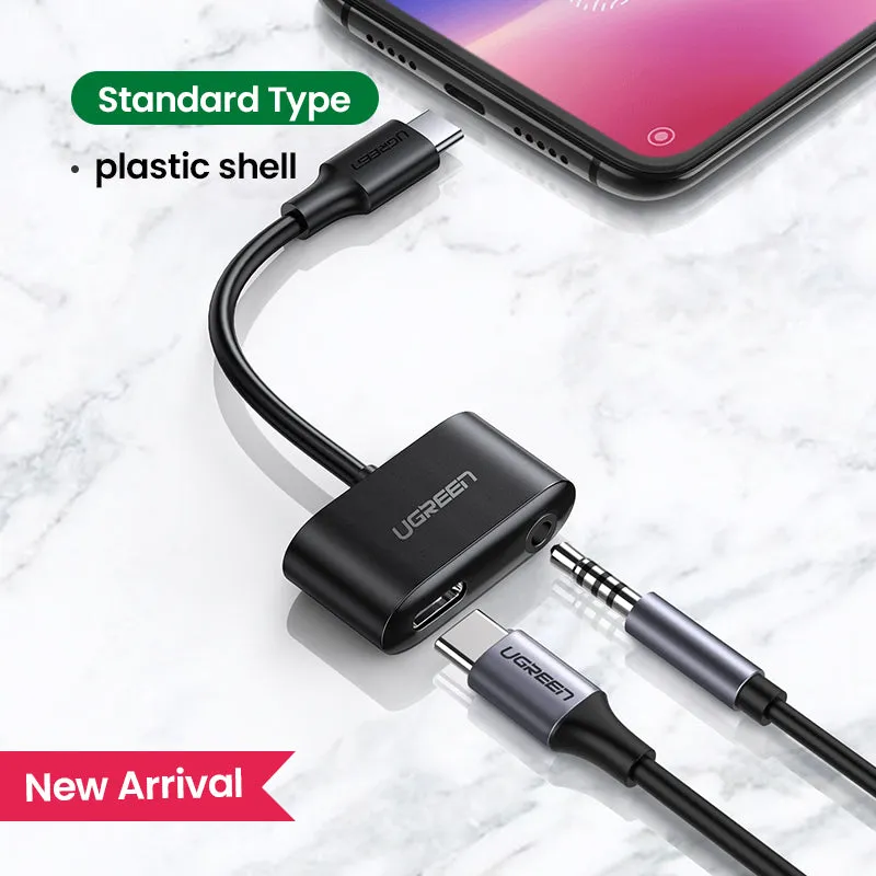 Black 2-in-1 Type C to 3.5mm headphone adapter for Huawei and Xiaomi smartphones