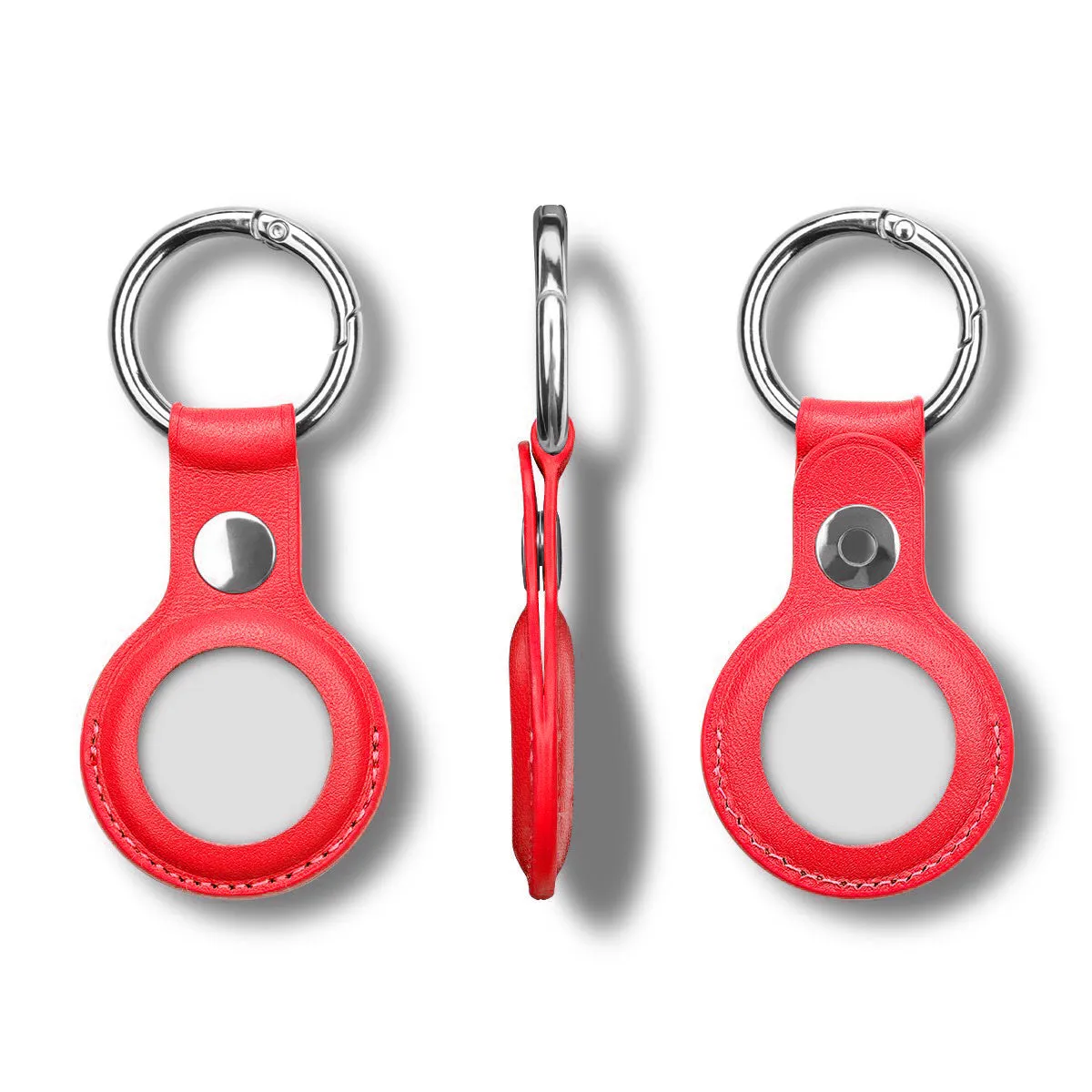Apple AirTag protective leather case in multiple colours including black, blue, red, and yellow.