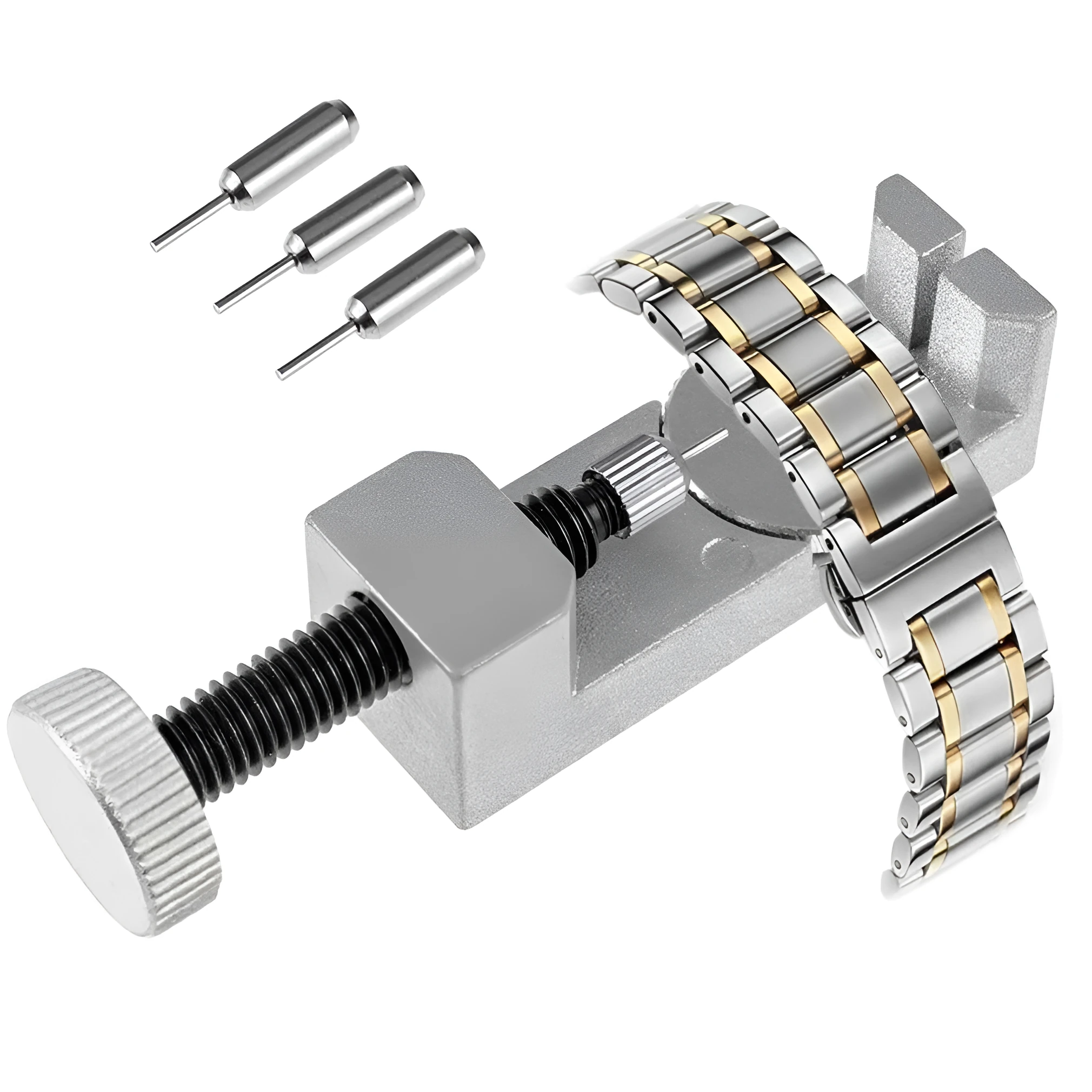 Silver metal watch strap link remover tool set for adjusting bracelet links