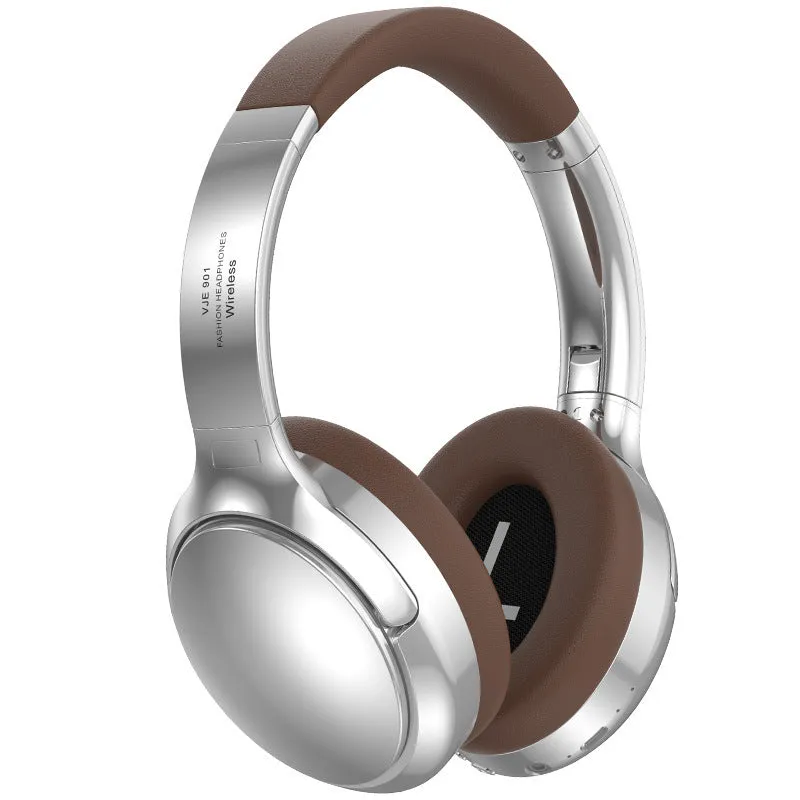 Retro-style brown wireless Bluetooth headset with metal details and sport headband design.