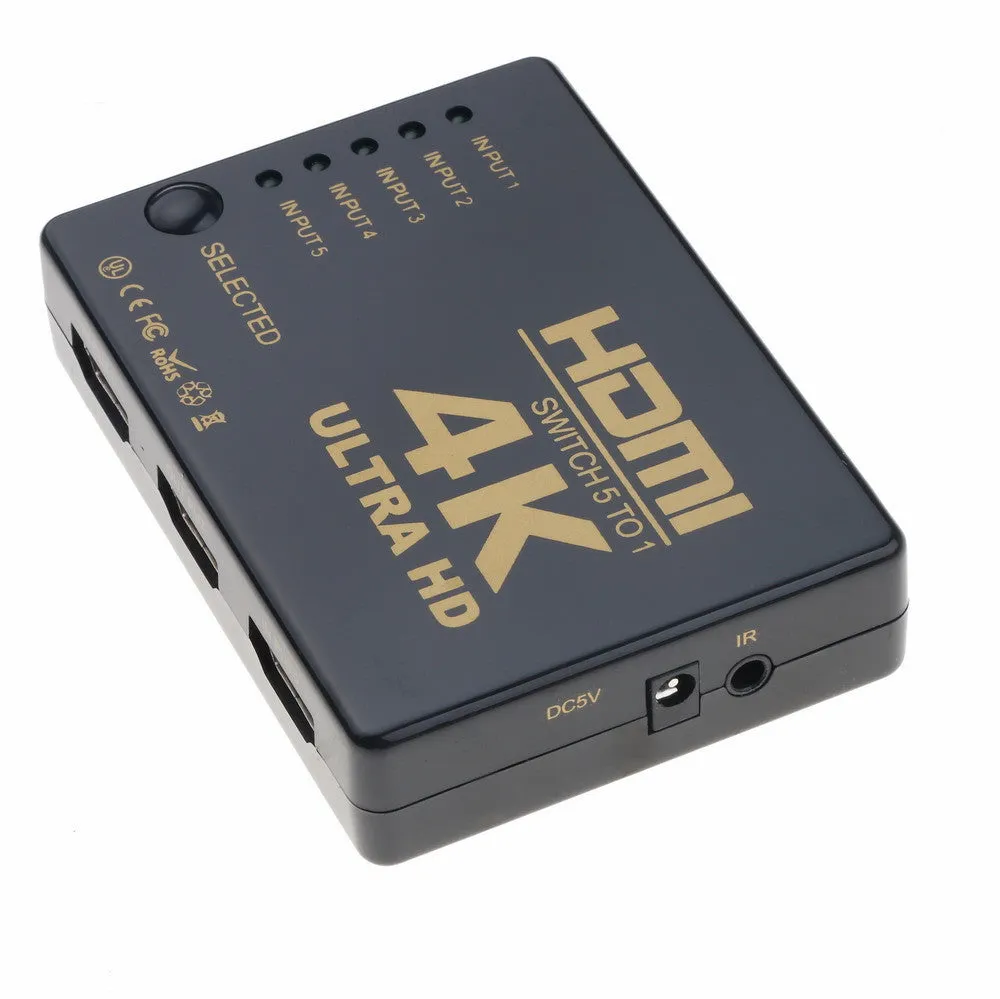 Black 5 in 1 out HDMI switcher with remote control and infrared cable