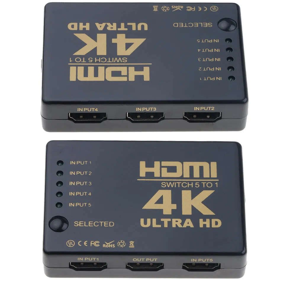 Black 5 in 1 out HDMI switcher with remote control and infrared cable