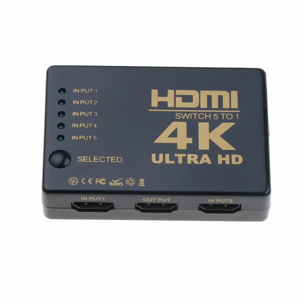 Black 5 in 1 out HDMI switcher with remote control and infrared cable