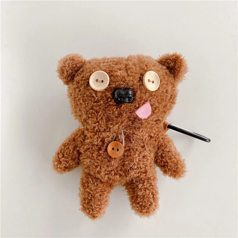 Brown plush button tongue bear earphone case flip type for AirPods and FreeBuds
