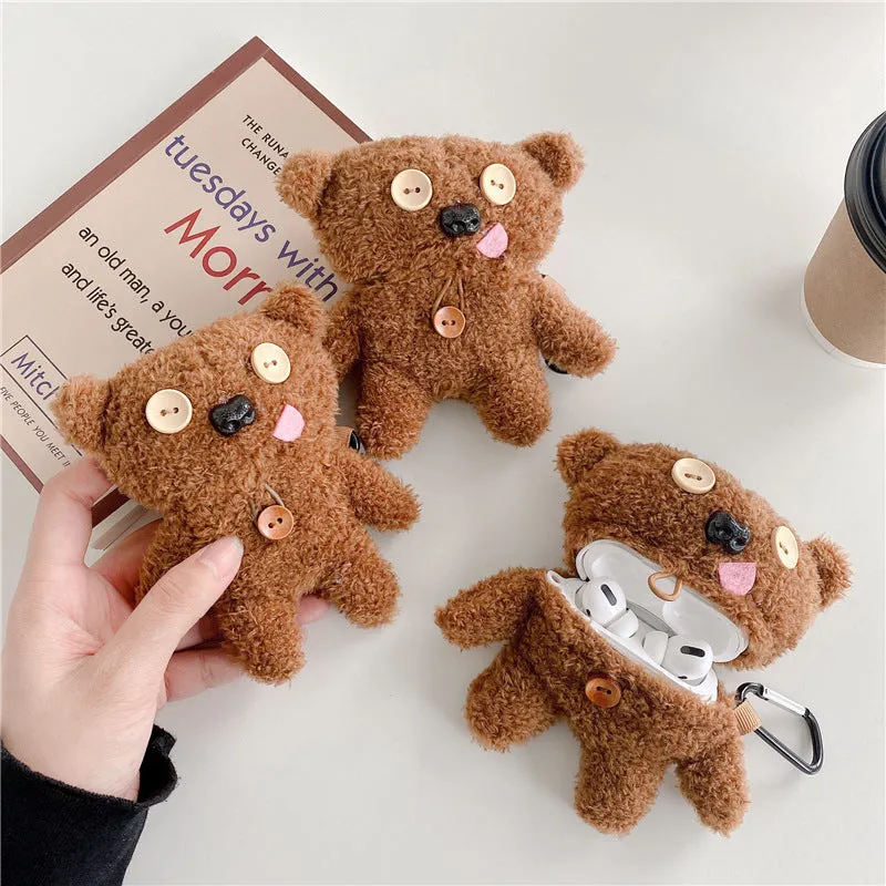 Brown plush button tongue bear earphone case flip type for AirPods and FreeBuds