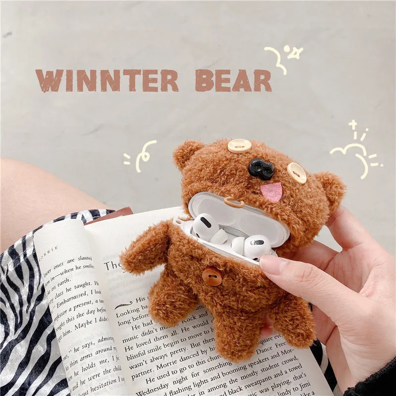 Brown plush button tongue bear earphone case flip type for AirPods and FreeBuds