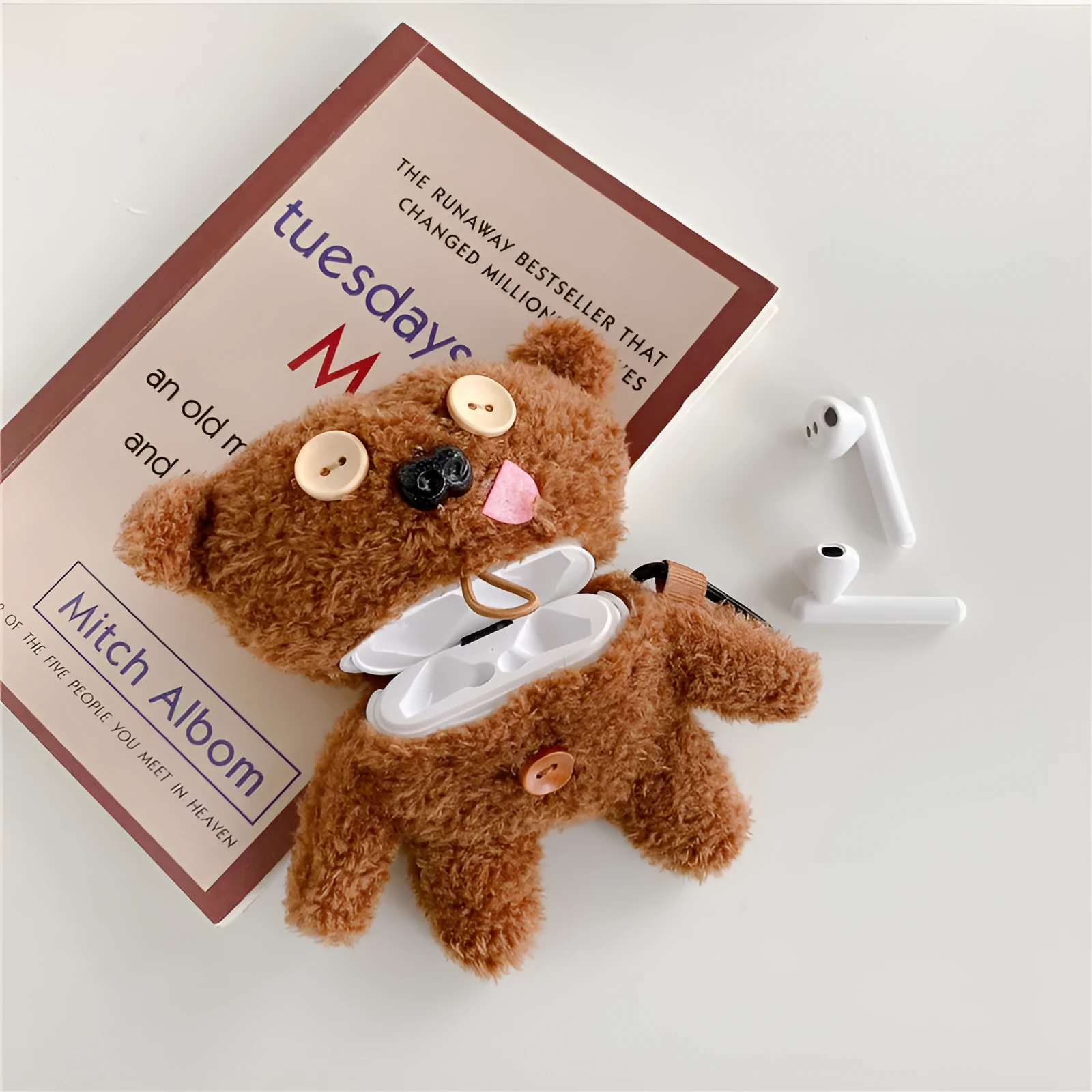 Brown plush button tongue bear earphone case flip type for AirPods and FreeBuds