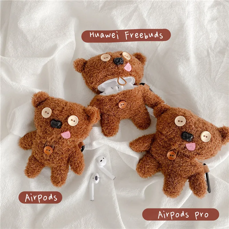 Brown plush button tongue bear earphone case flip type for AirPods and FreeBuds