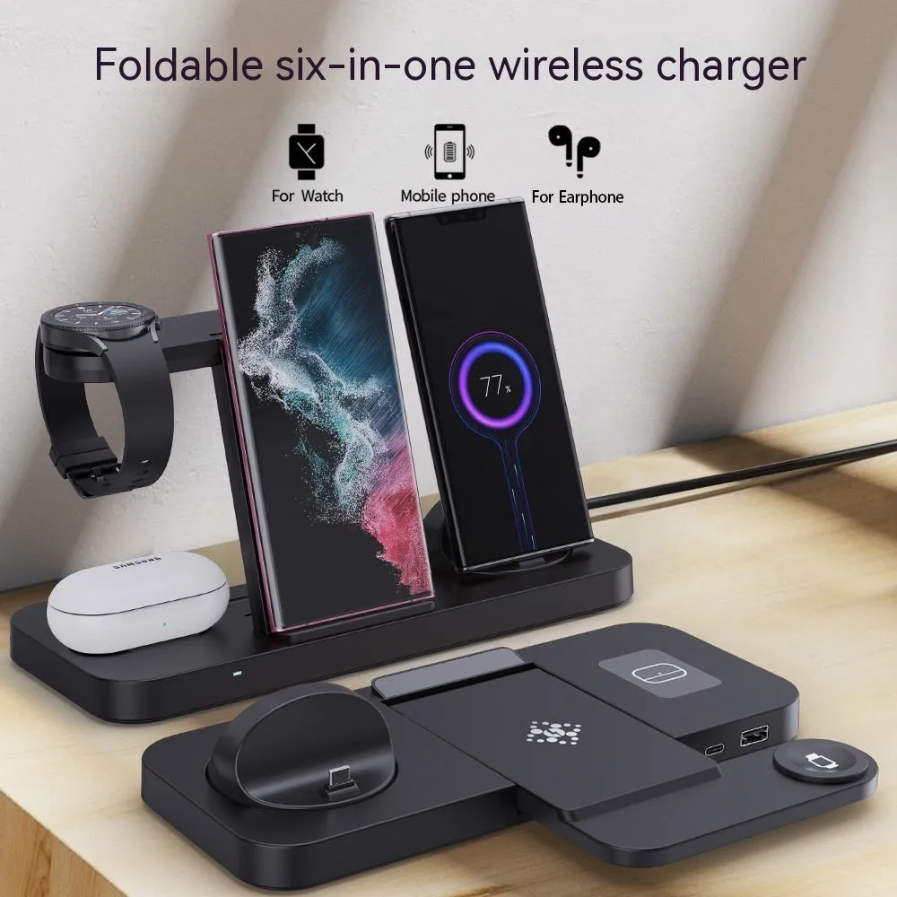 B-21 three-in-one wireless charging station for phone, watch, and headphones in black and white colour options.