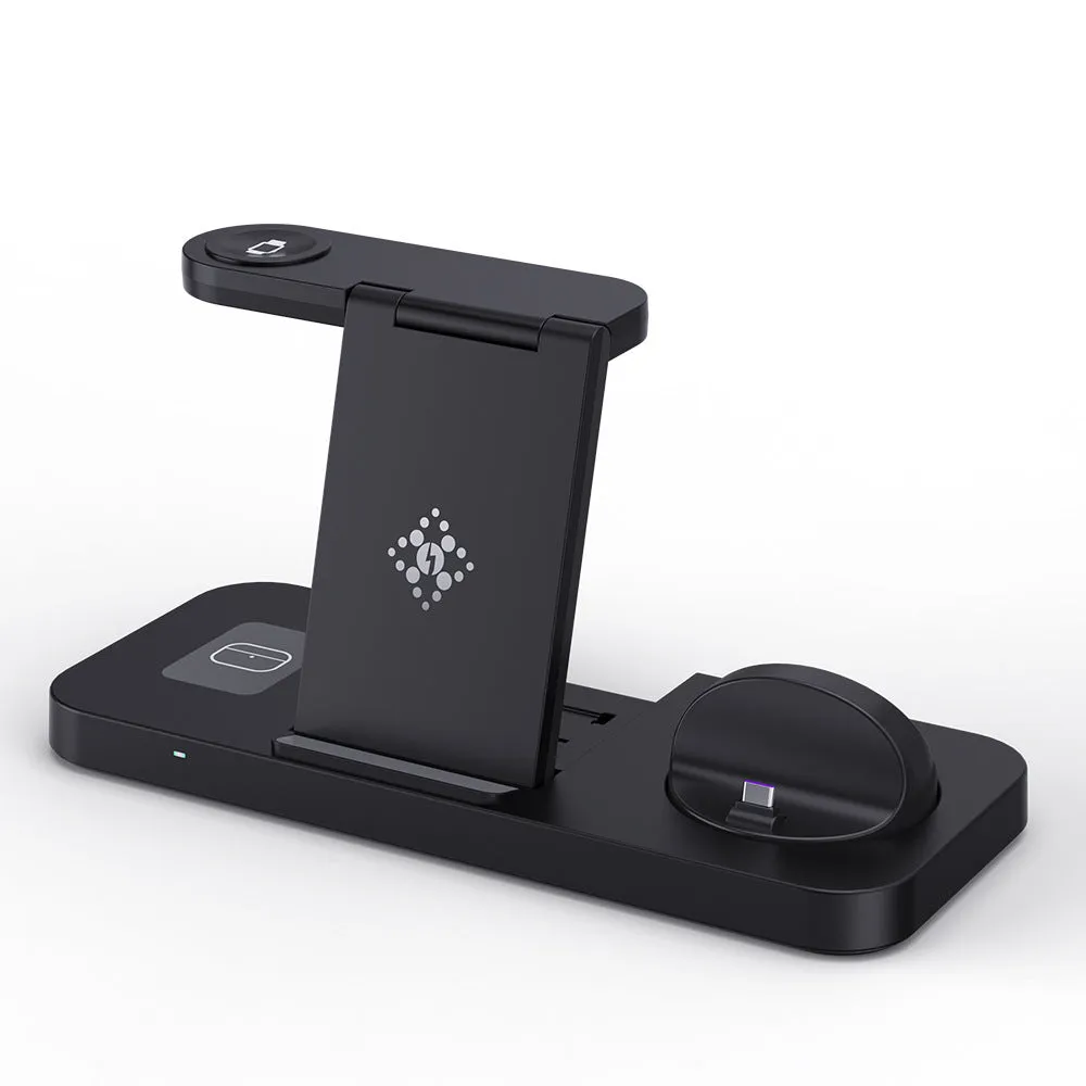 B-21 three-in-one wireless charging station for phone, watch, and headphones in black and white colour options.