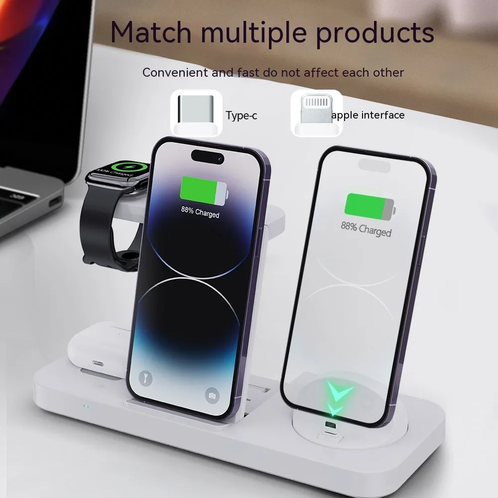 B-21 three-in-one wireless charging station for phone, watch, and headphones in black and white colour options.