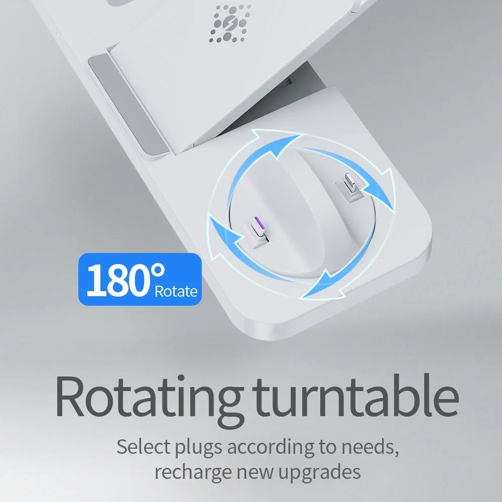 B-21 three-in-one wireless charging station for phone, watch, and headphones in black and white colour options.