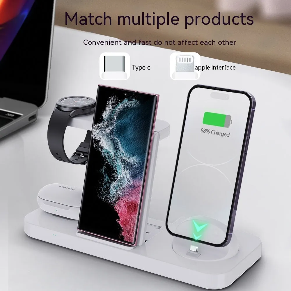 B-21 three-in-one wireless charging station for phone, watch, and headphones in black and white colour options.