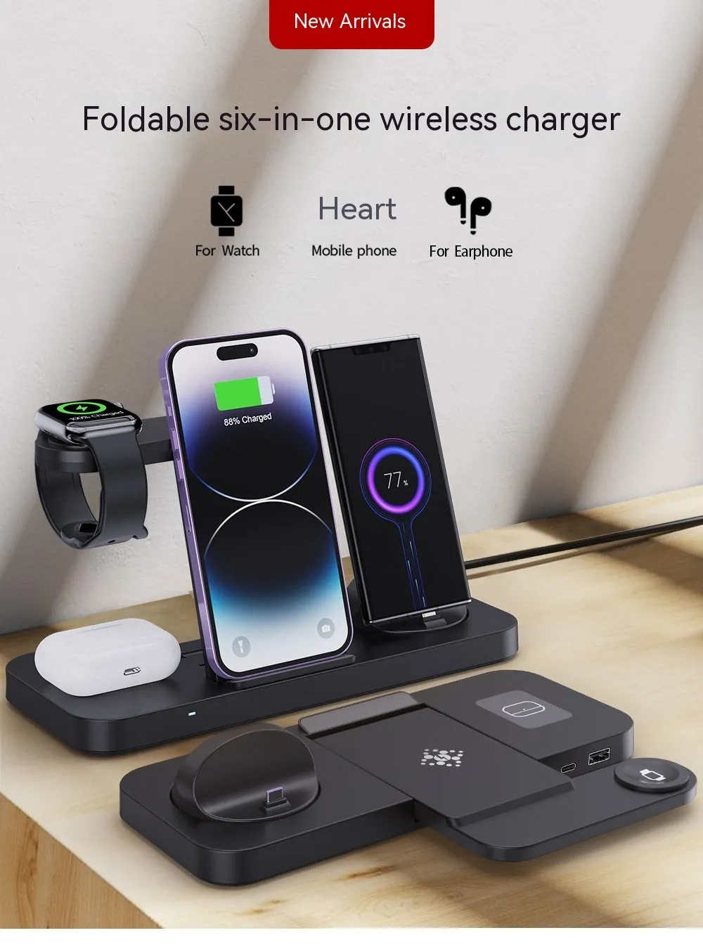 B-21 three-in-one wireless charging station for phone, watch, and headphones in black and white colour options.