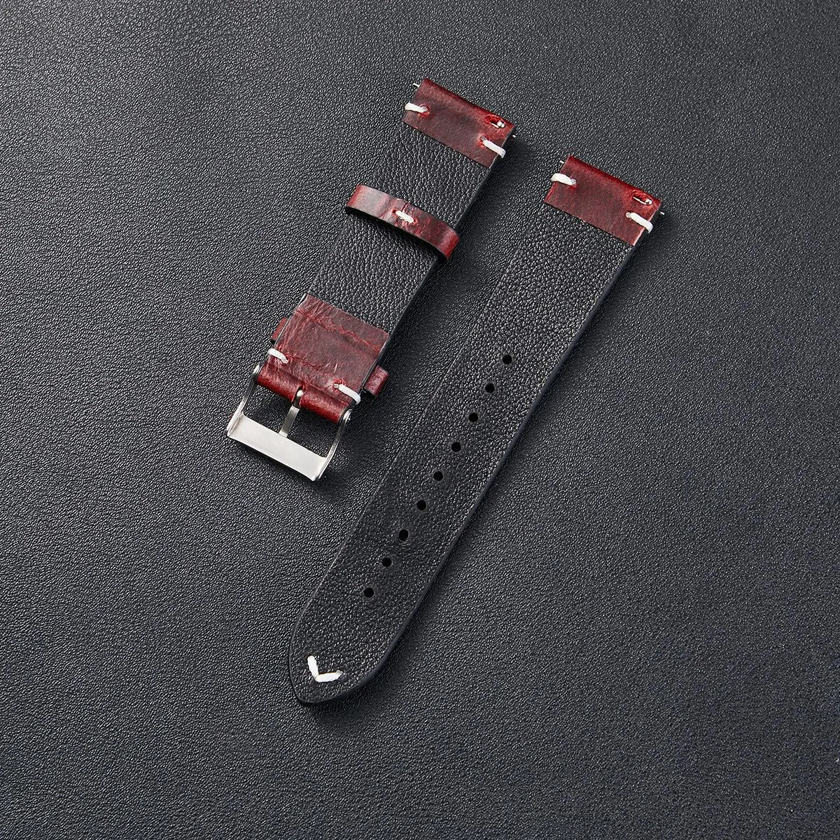 Italian oil wax discoloration leather watch strap in six colours with quick-release pins, 20mm and 22mm sizes