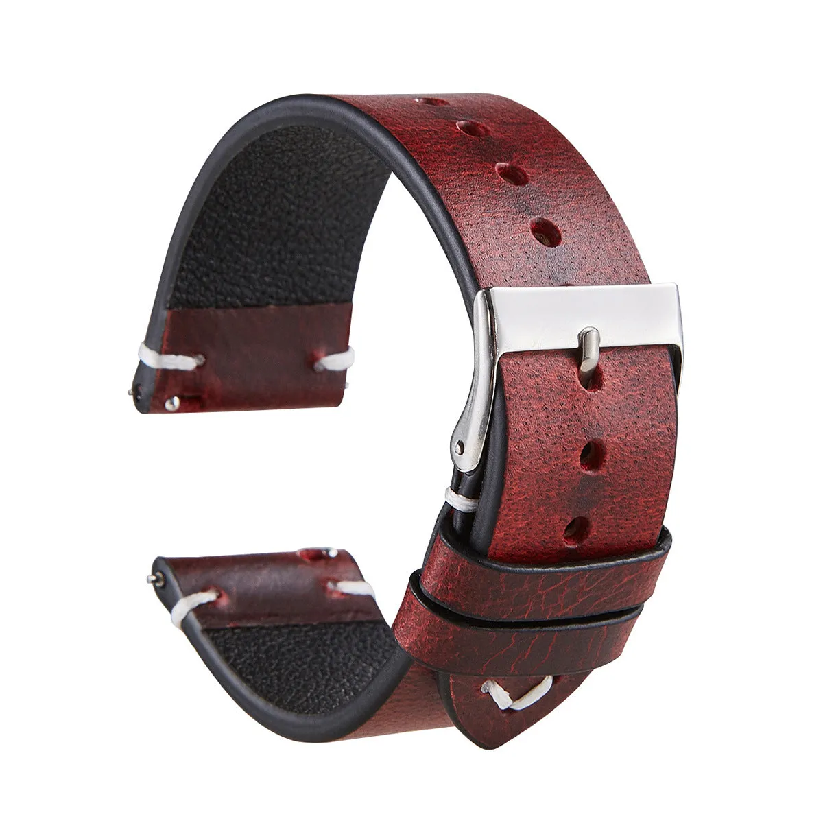 Italian oil wax discoloration leather watch strap in six colours with quick-release pins, 20mm and 22mm sizes