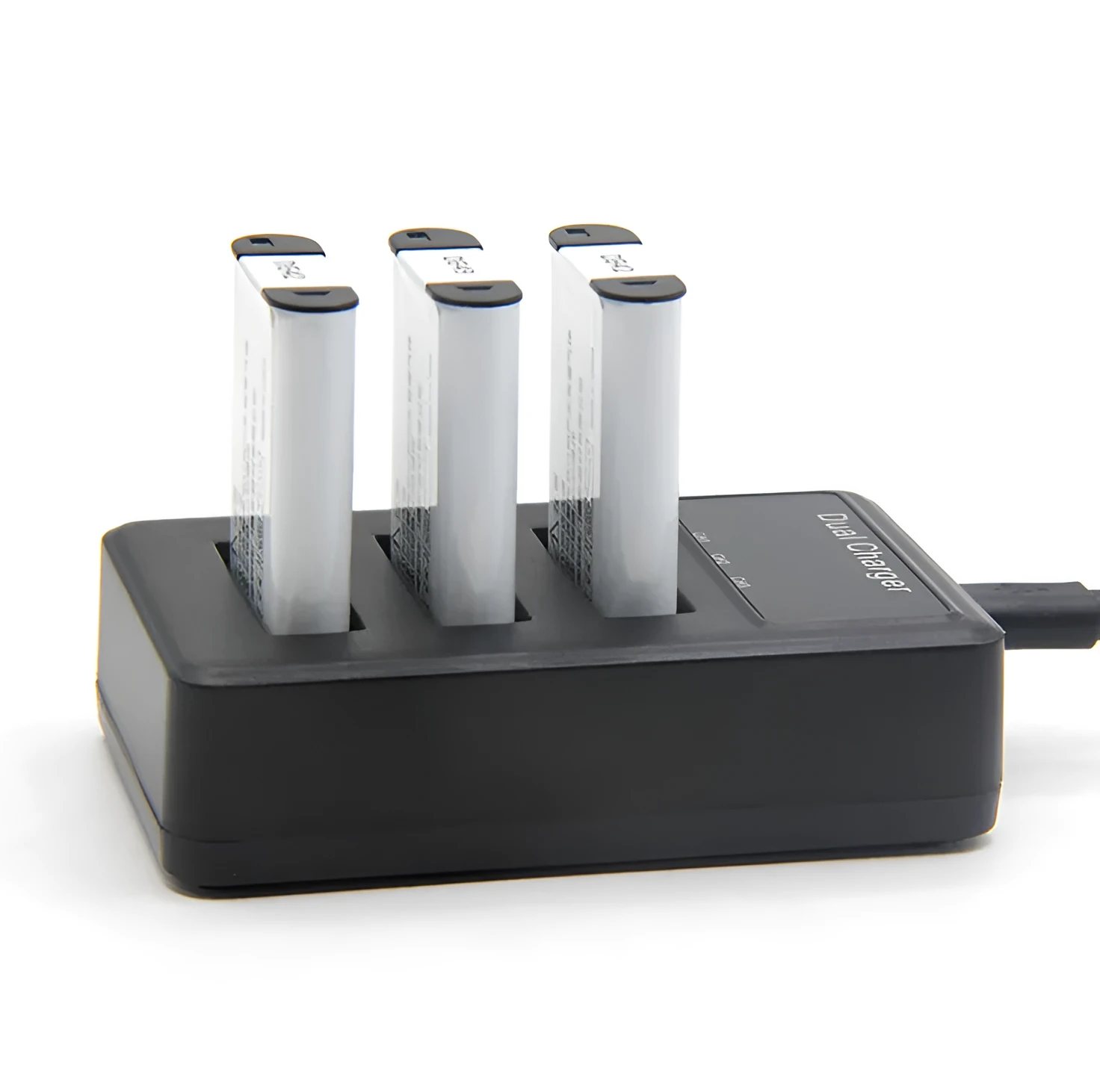 Vertical USB charger for digital camera, black, three slots, Micro-USB input, anti-slip base
