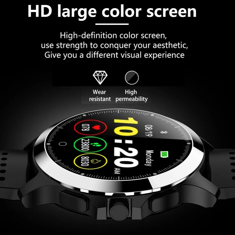 W8 ECG smart bracelet with stainless steel body and round colour screen showing cardiac monitoring data