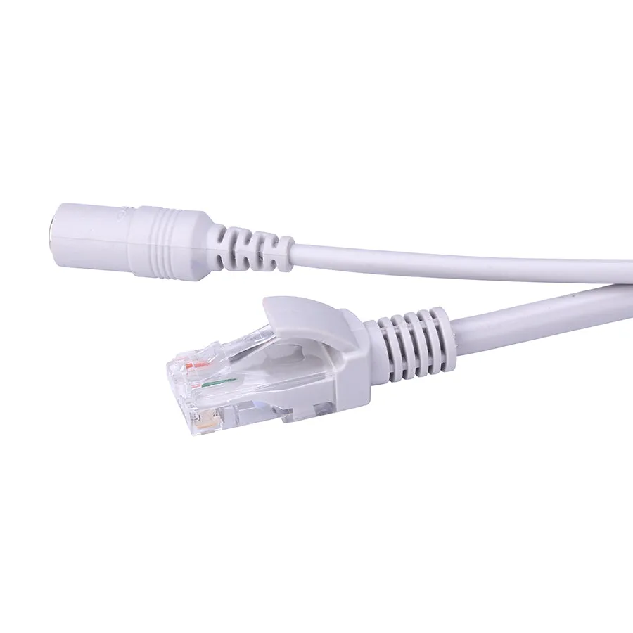 Grey two-in-one network monitoring cable with Cat5 RJ45 and DC power connectors on both ends