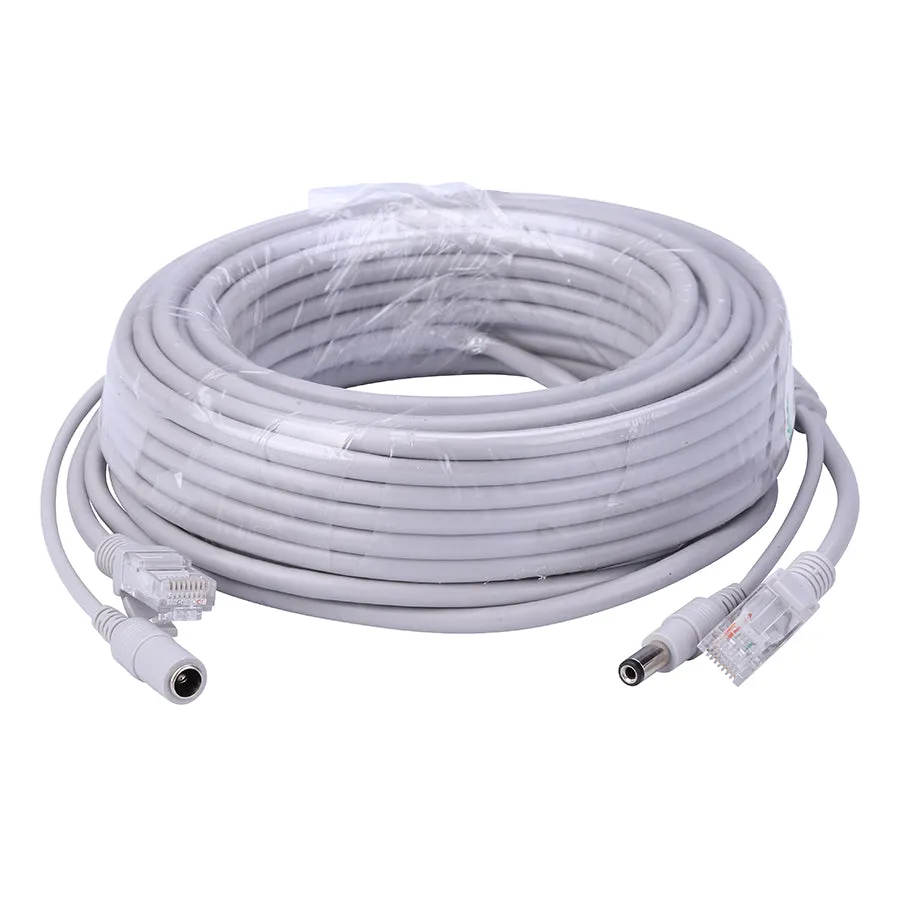 Grey two-in-one network monitoring cable with Cat5 RJ45 and DC power connectors on both ends
