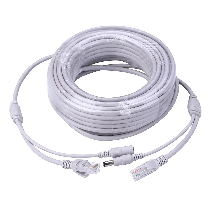Grey two-in-one network monitoring cable with Cat5 RJ45 and DC power connectors on both ends