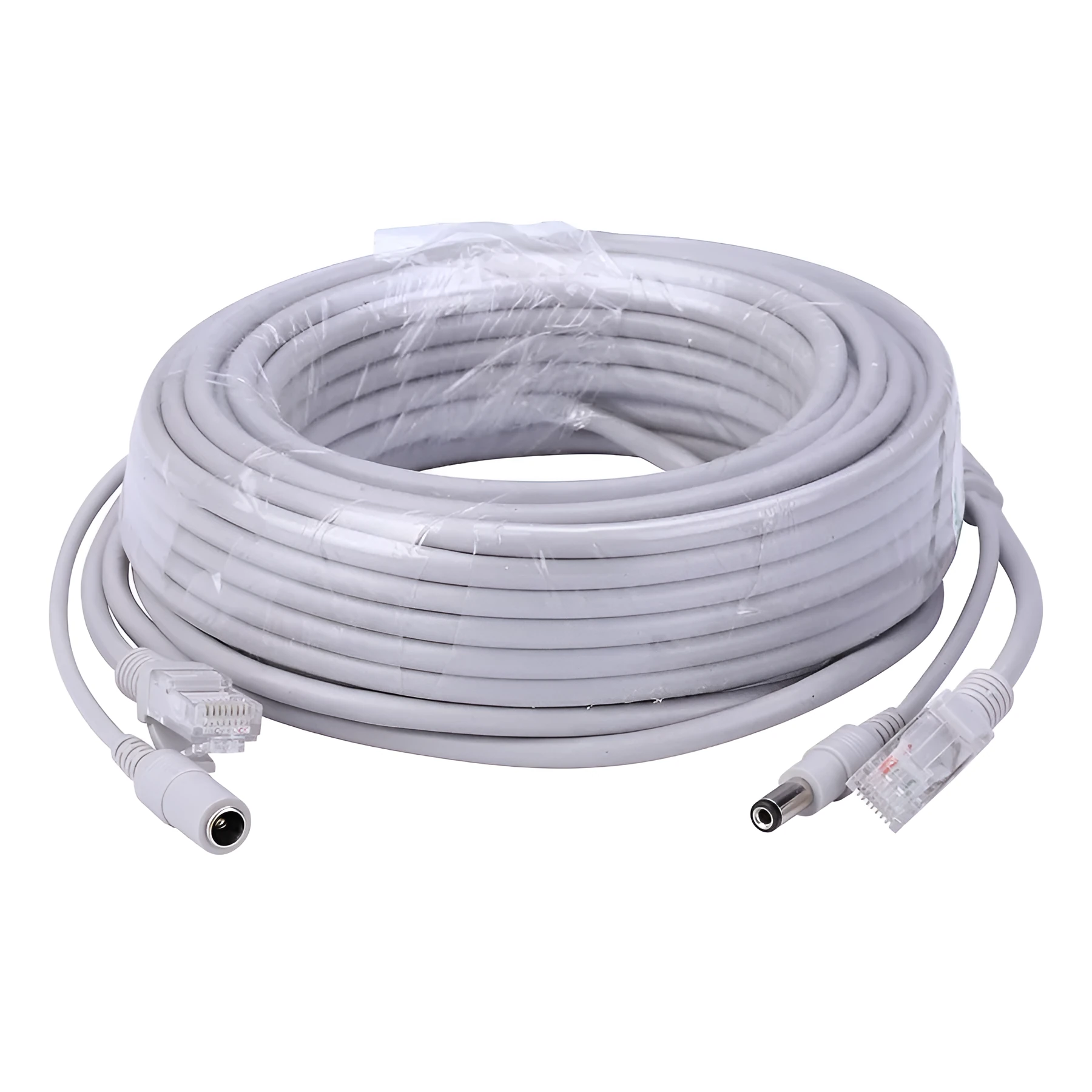 Grey two-in-one network monitoring cable with Cat5 RJ45 and DC power connectors on both ends