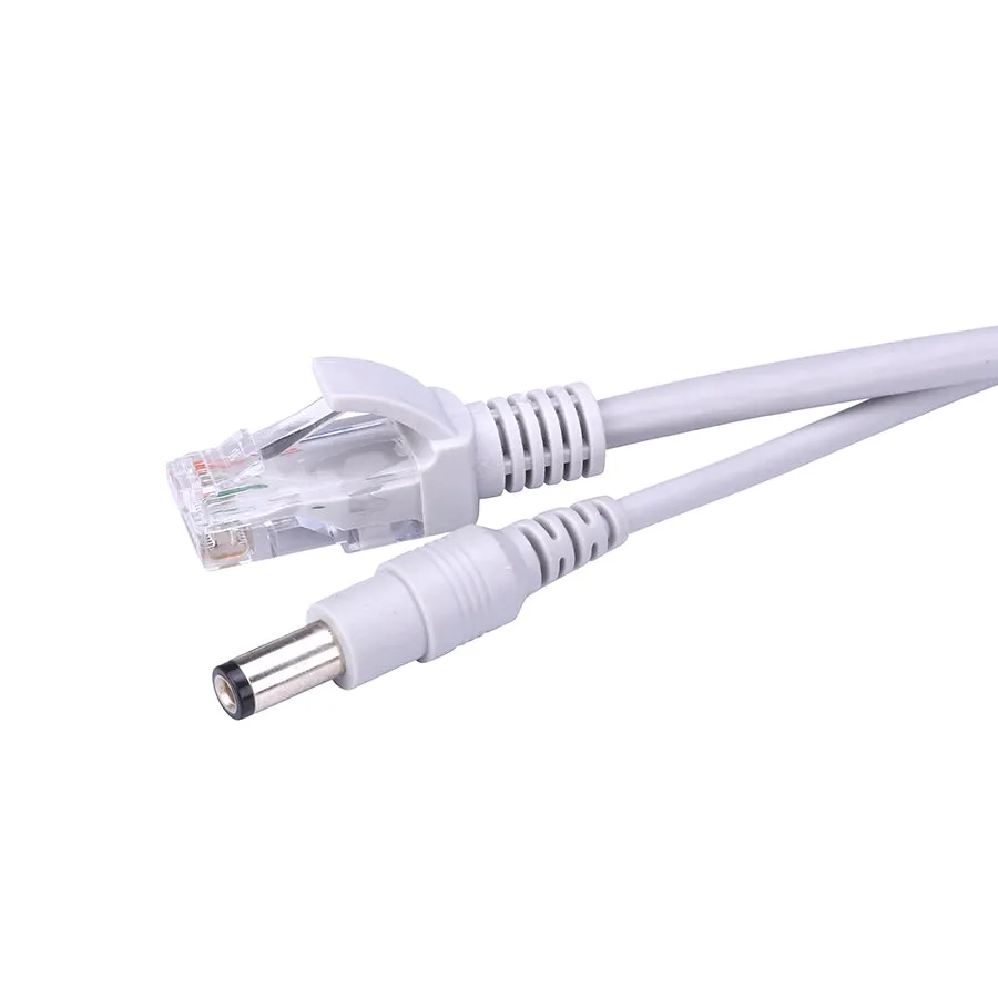 Grey two-in-one network monitoring cable with Cat5 RJ45 and DC power connectors on both ends