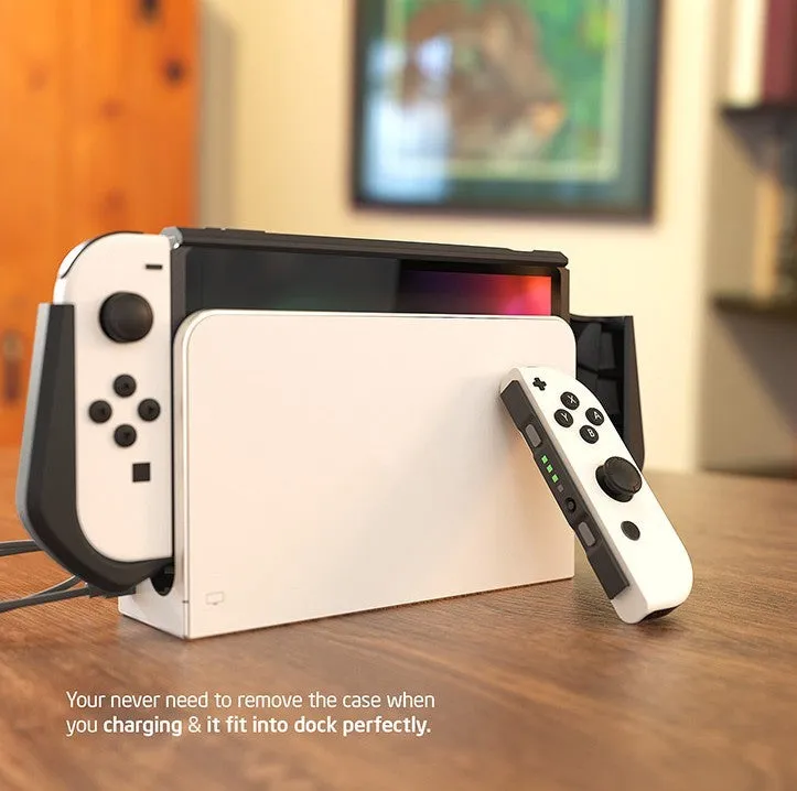 TPU protective case for Nintendo Switch OLED 2021 in various colours on a grey background.