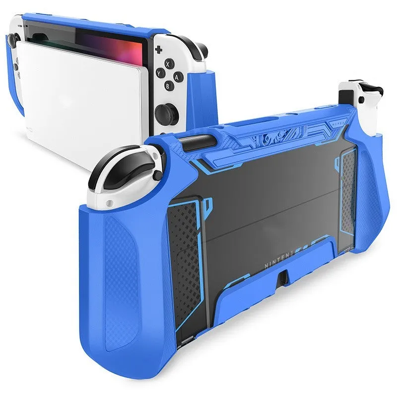 TPU protective case for Nintendo Switch OLED 2021 in various colours on a grey background.