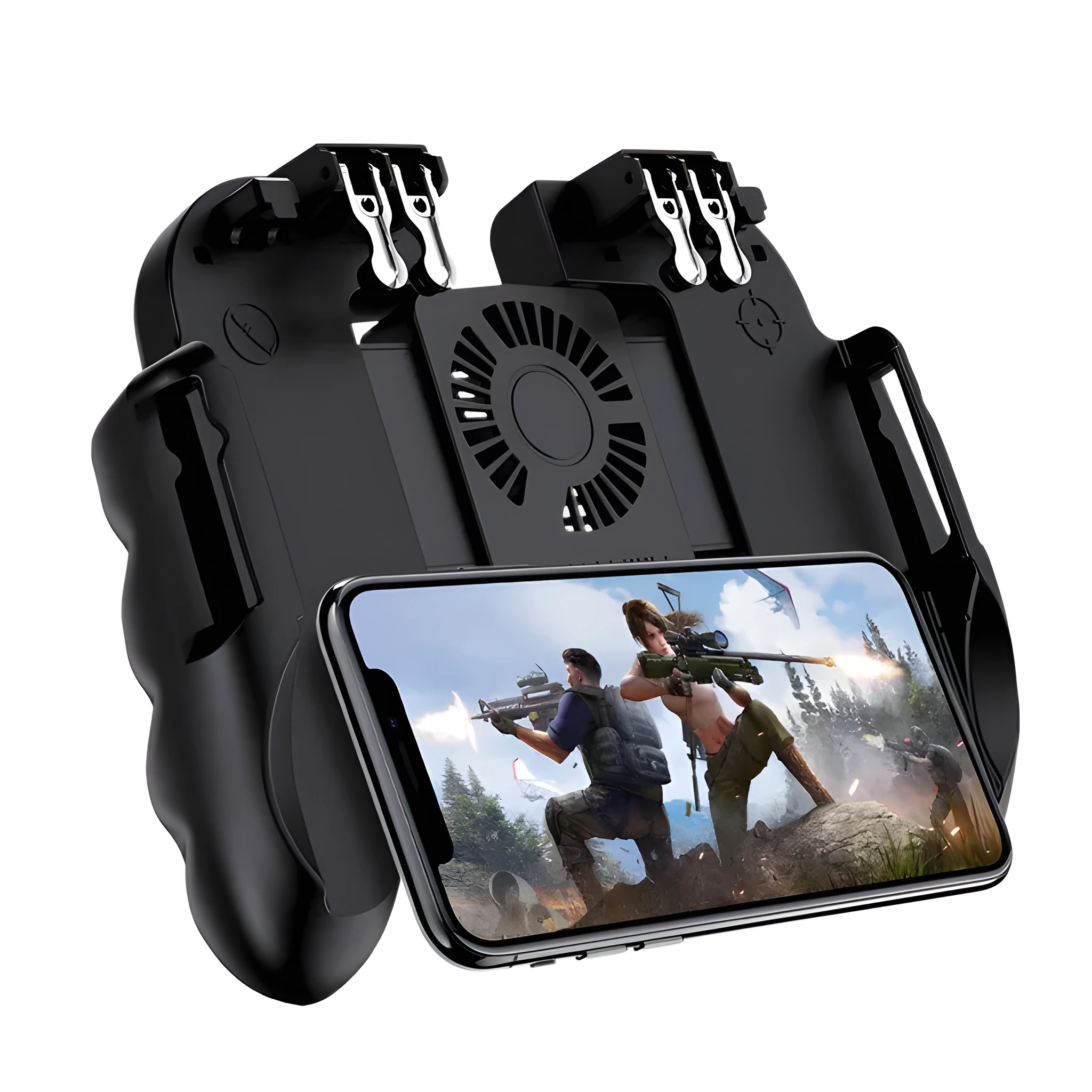 Six finger gamepad with bracket holding a smartphone, ABS zinc alloy, USB force feedback controller, 15.1cm
