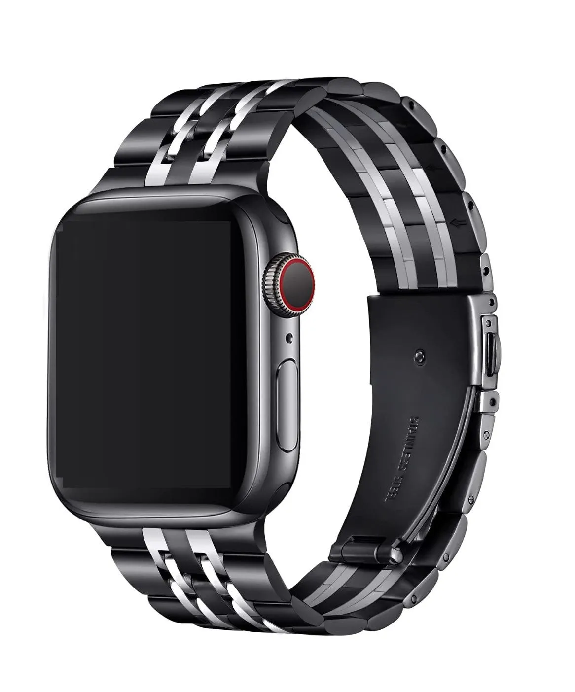 Seven-bead stainless steel metal strap for Apple Watch in black, 195mm length, 304 stainless steel