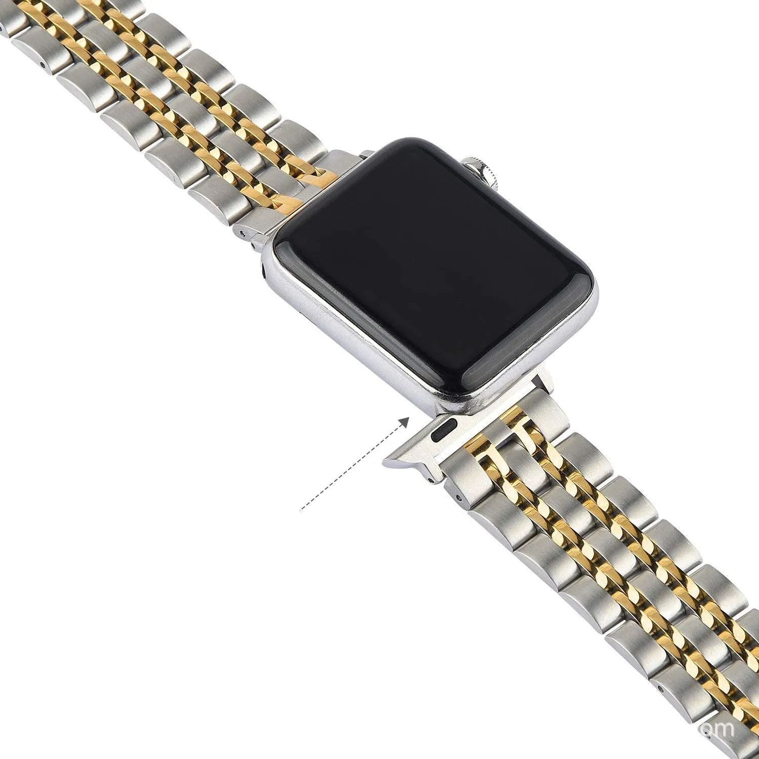 Seven-bead stainless steel metal strap for Apple Watch in black, 195mm length, 304 stainless steel