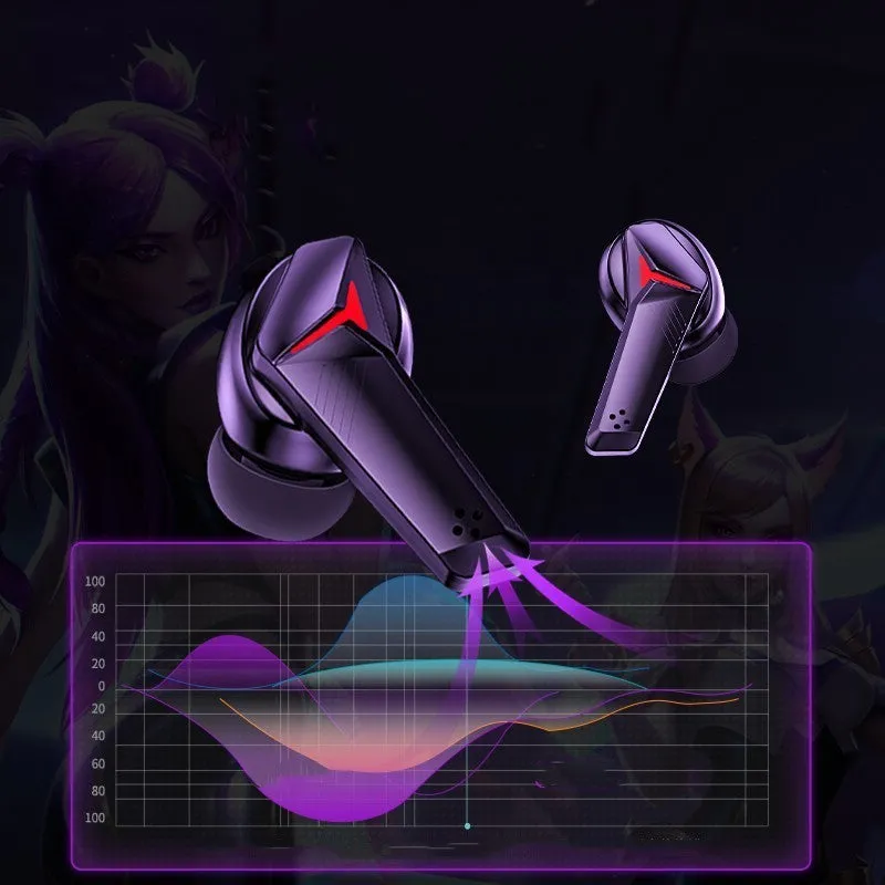 Black wireless Bluetooth gaming headset with earplug-style design showing binaural stereo sound and charging cable