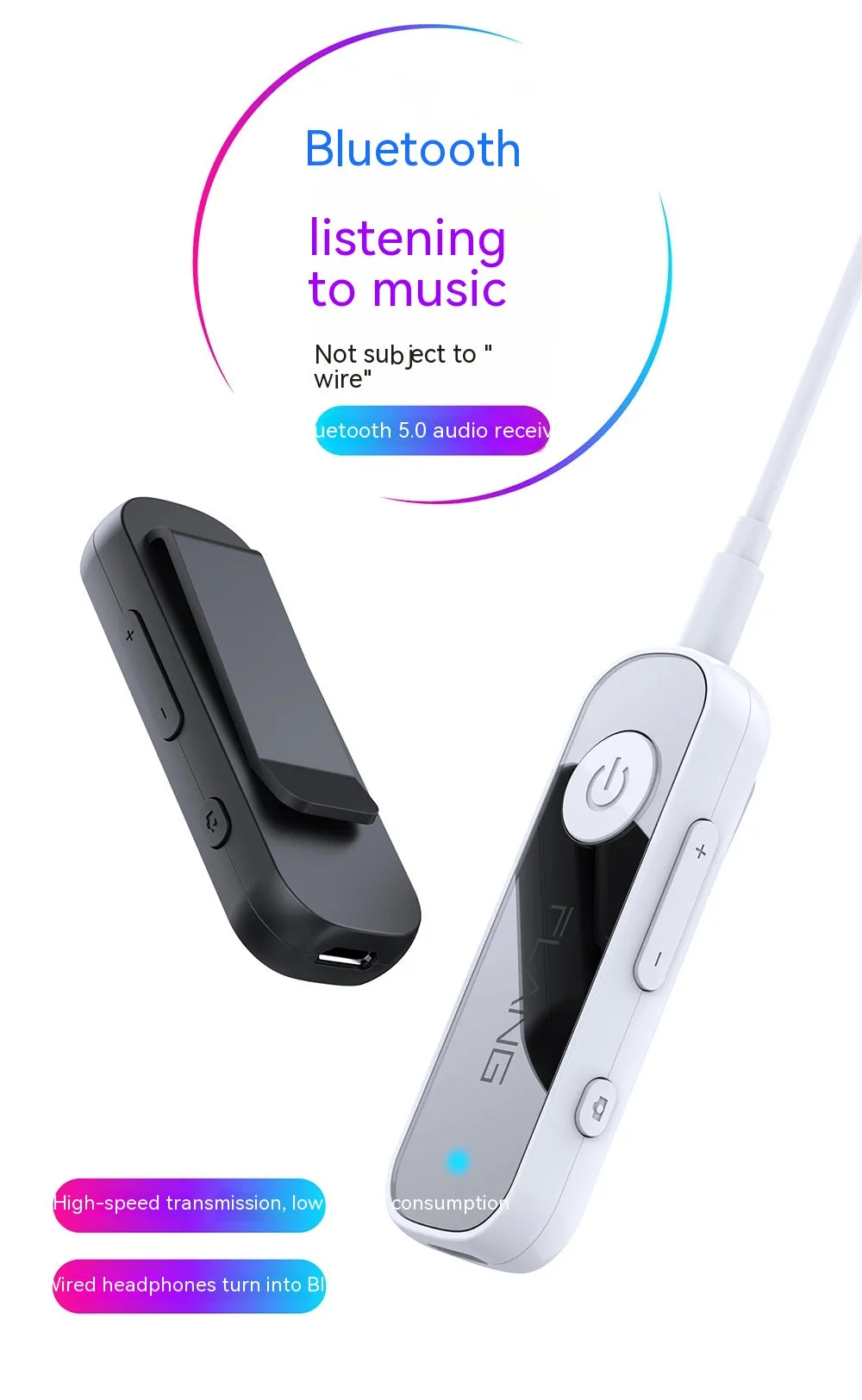 Bluetooth selfie stick with wireless adapter and aux car sound receiver in black and white ABS plastic