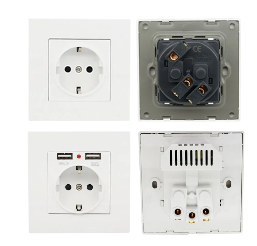 16A 25V white PC wall socket with black safety shutter and screw fixings on white background
