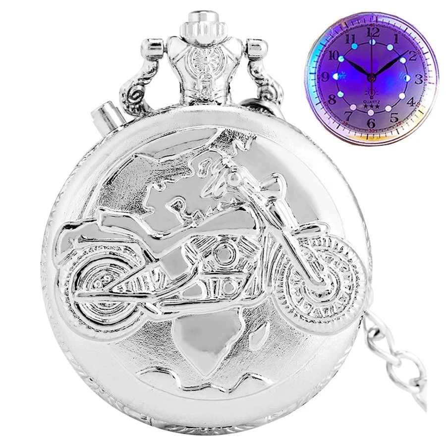 Retro LED motorcycle design pendant clock with 45mm dial, plastic mirror, alloy chain, in silver colour