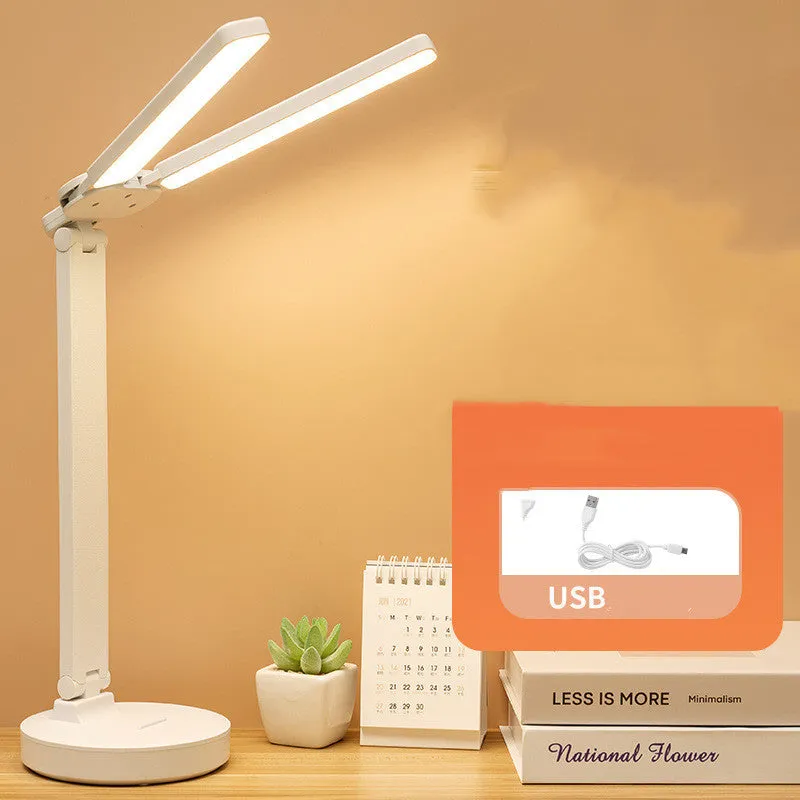 Eye protection LED rechargeable student desk lamp with double-head folding design and touch switch