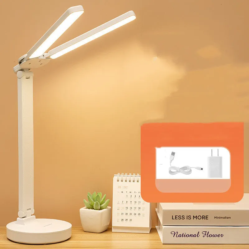 Eye protection LED rechargeable student desk lamp with double-head folding design and touch switch