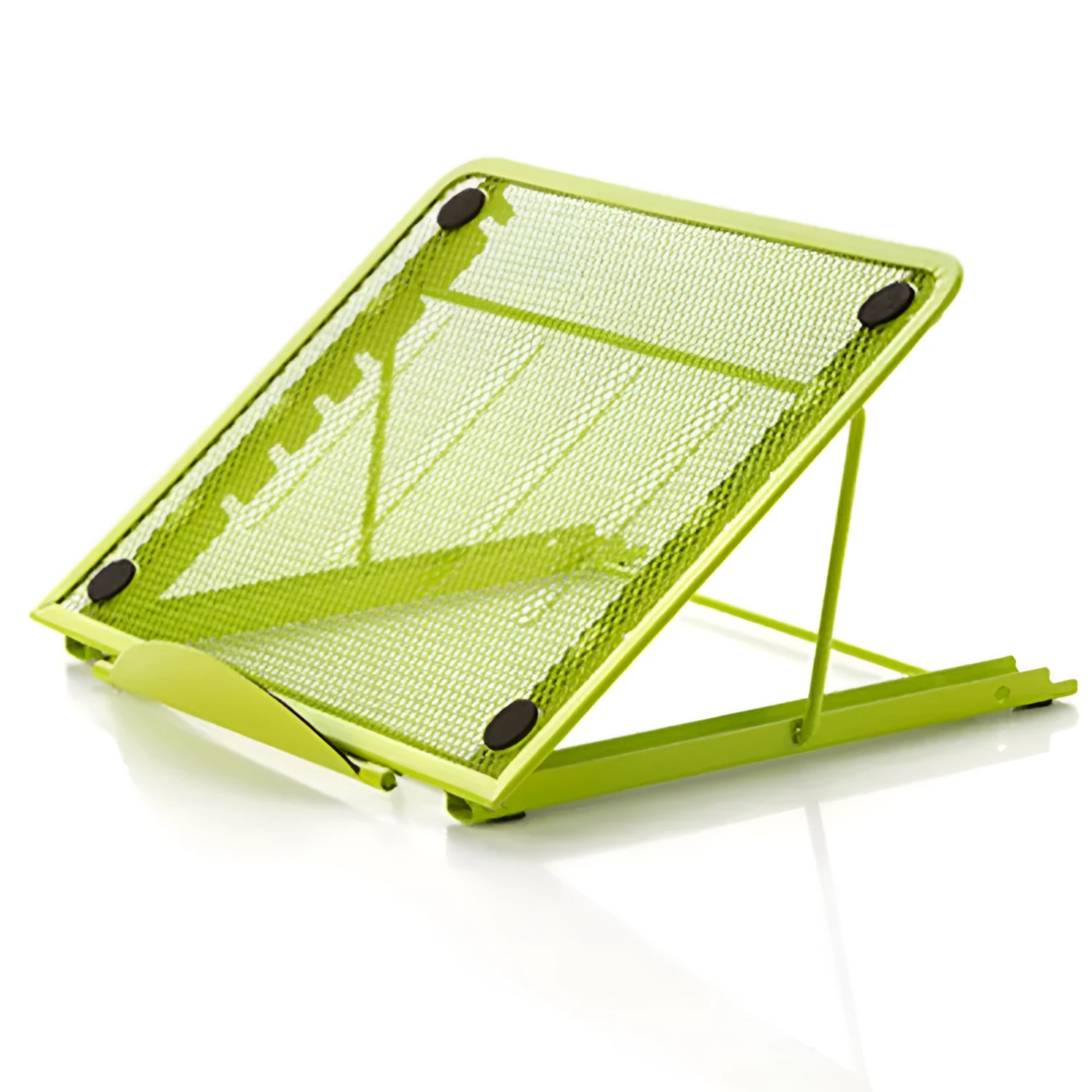 Foldable laptop stand in black iron with semi-circular baffle and non-slip pads on a desk