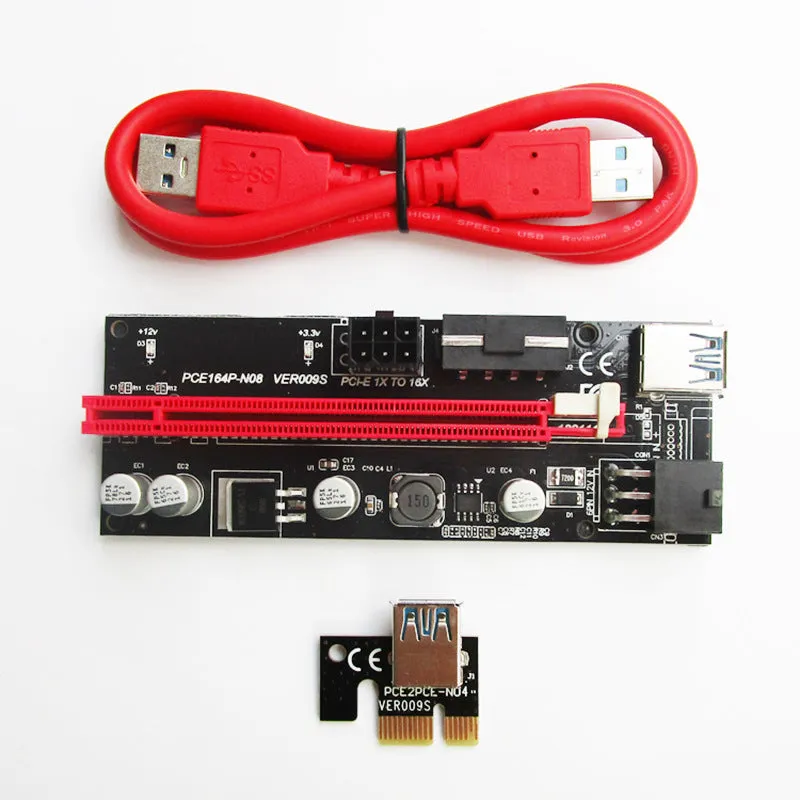 Red PCI-E 1X to 16X video card extension cable 60cm with USB3.0 connector and dual 6P/4P power ports