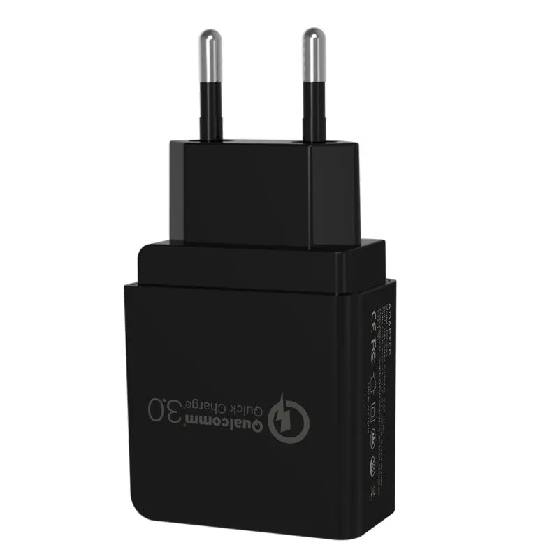 18W QC3.0 USB charger in white with EU plug, measuring 63x40x22mm