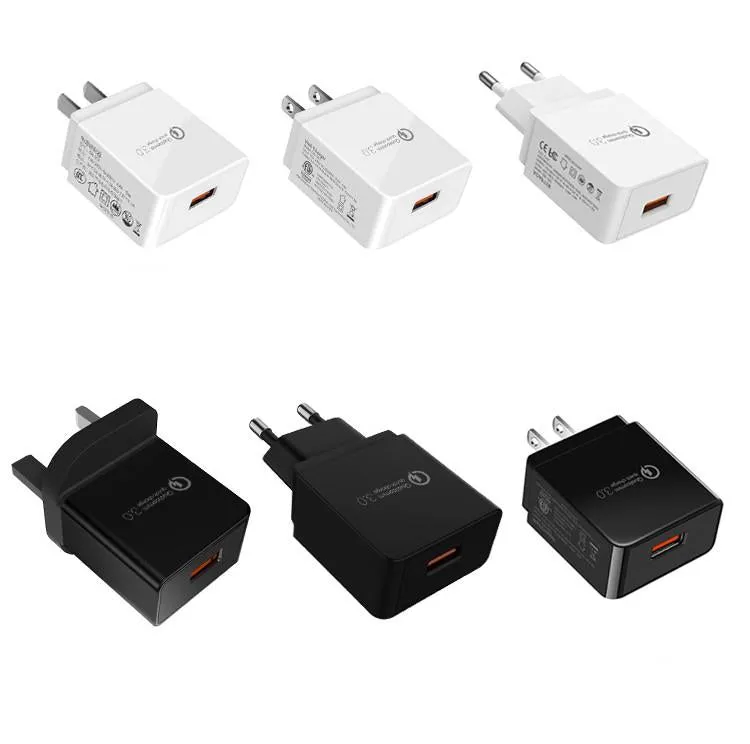 18W QC3.0 USB charger in white with EU plug, measuring 63x40x22mm