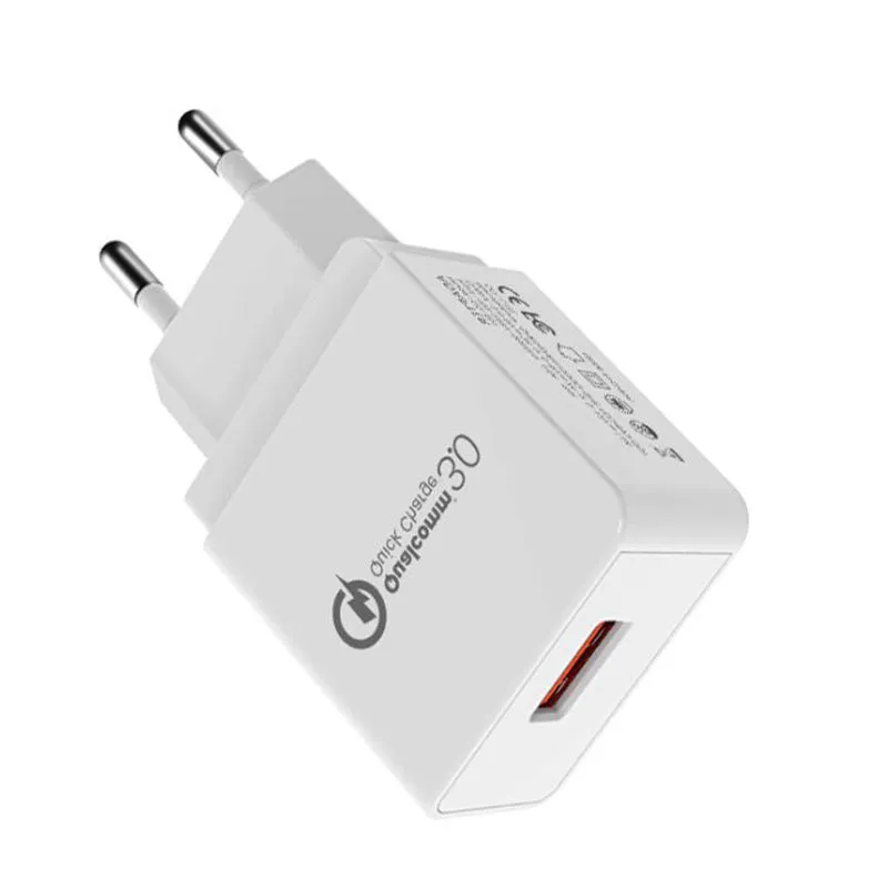 18W QC3.0 USB charger in white with EU plug, measuring 63x40x22mm