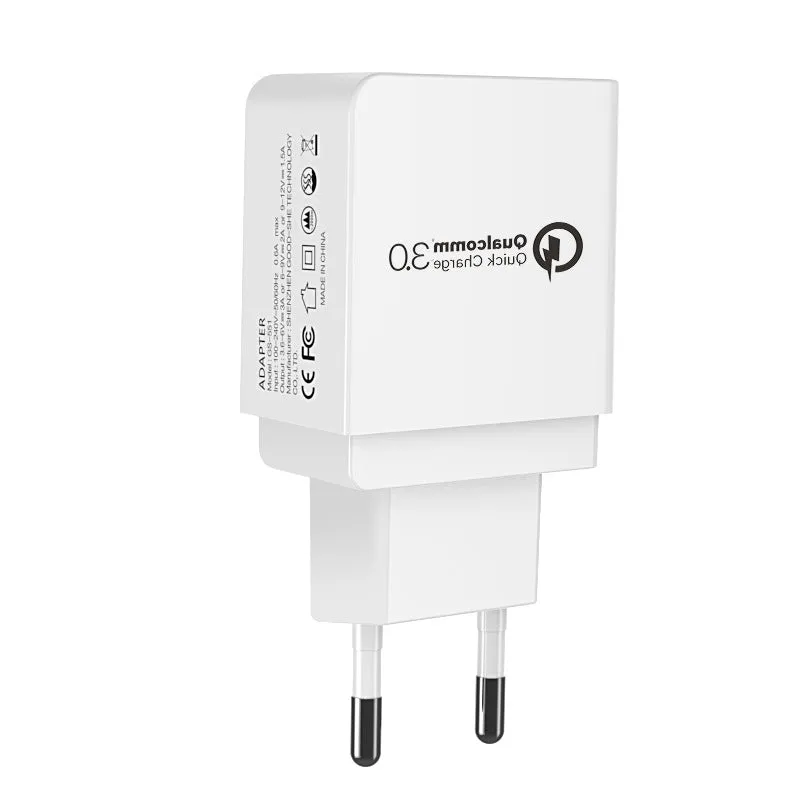 18W QC3.0 USB charger in white with EU plug, measuring 63x40x22mm