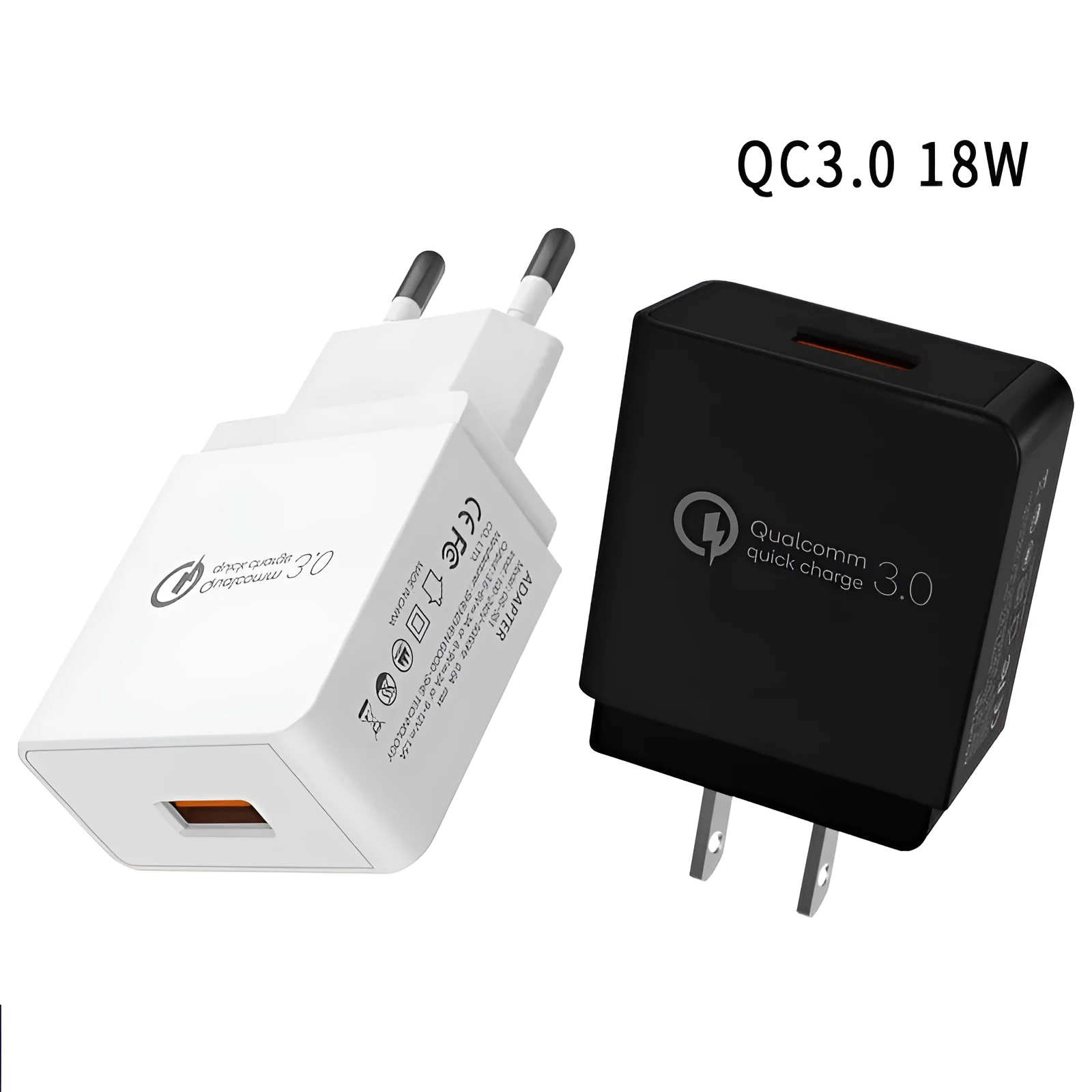 18W QC3.0 USB charger in white with EU plug, measuring 63x40x22mm