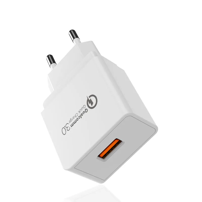 18W QC3.0 USB charger in white with EU plug, measuring 63x40x22mm