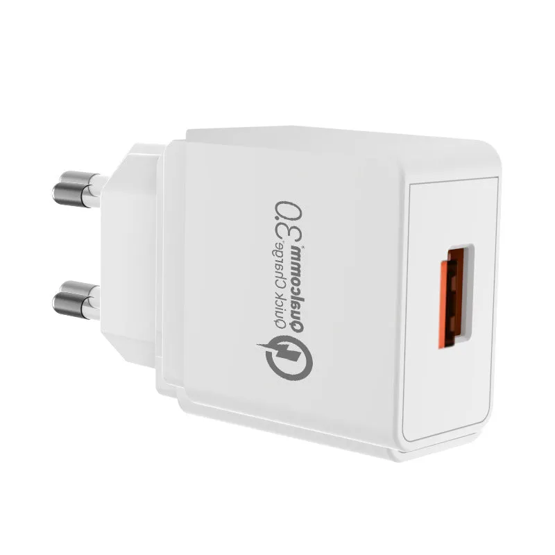 18W QC3.0 USB charger in white with EU plug, measuring 63x40x22mm